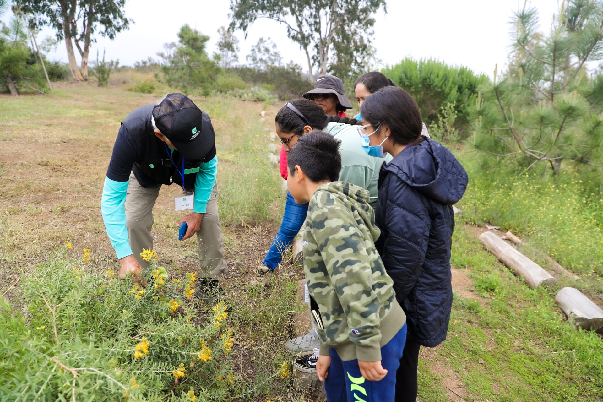 A group of children looking at a bug in vegetation