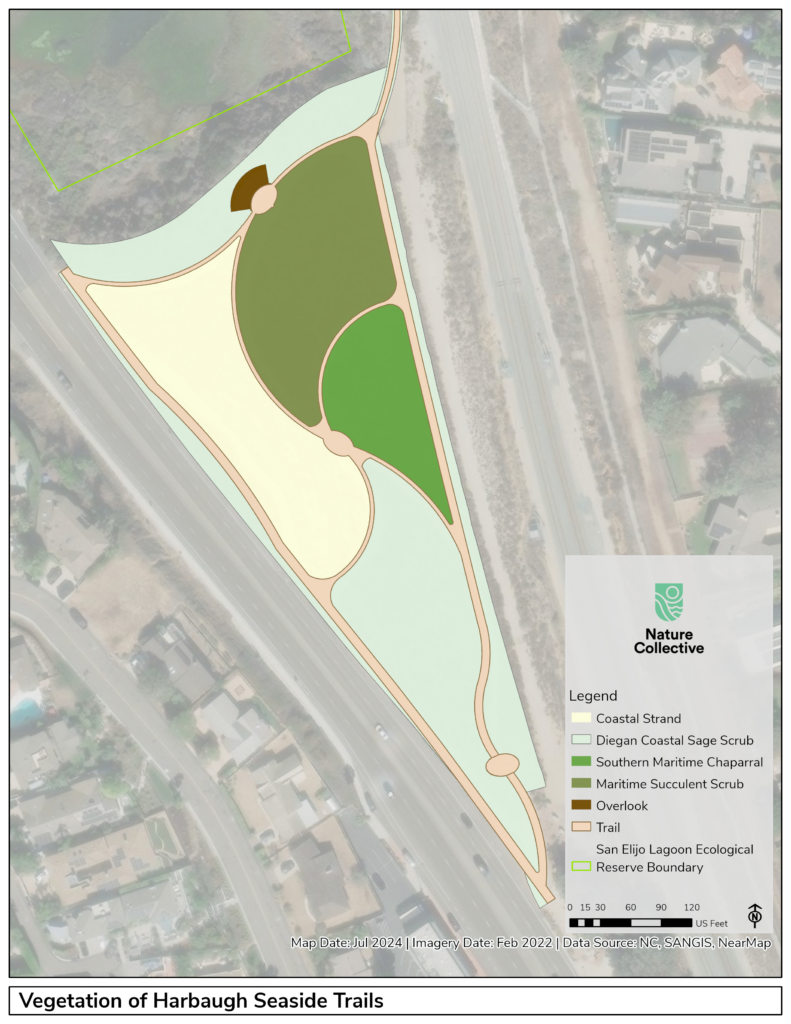 Map of Harbaugh Seaside Trails with Plant Communities Identified by color