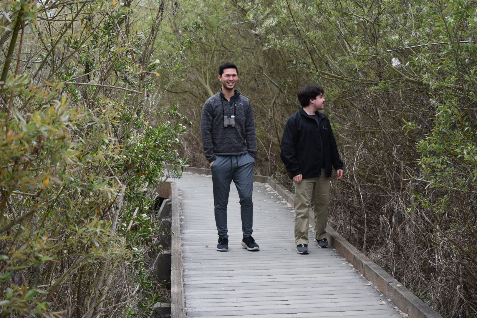 Two people walking along a footbridge surrounded by trees
