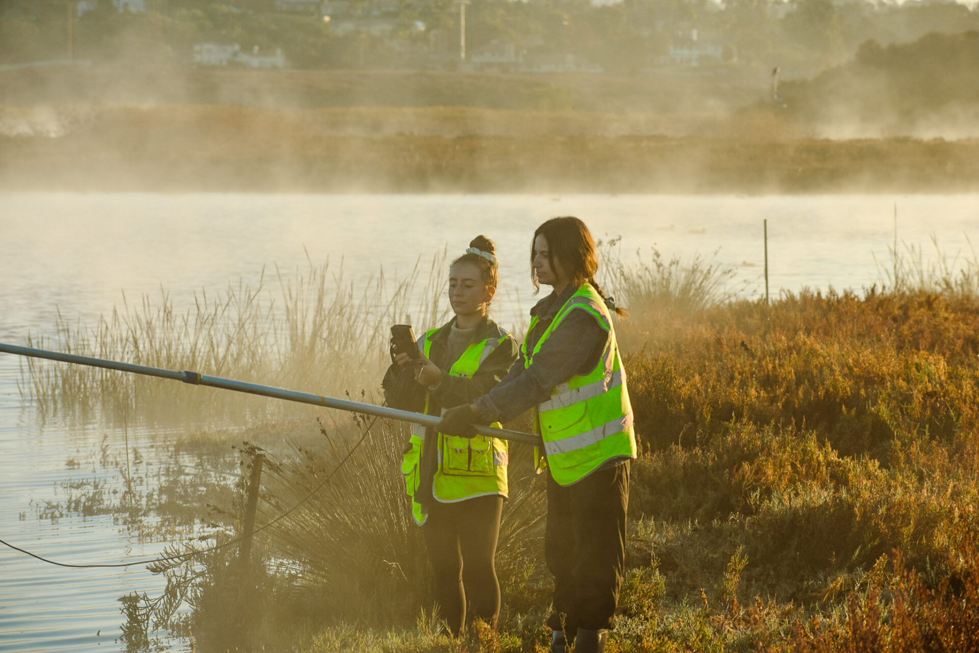 two interns in neon yellow vests performing water quality testing at San Elijo Lagoon on a foggy morning.