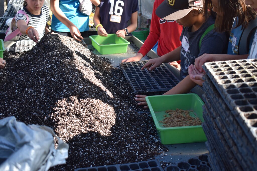 Students plant seeds at Native Plant Nursery